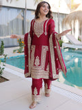 Stylish Maroon Coding Embroidered Silk Wedding Wear Pant Suit With Dupatta