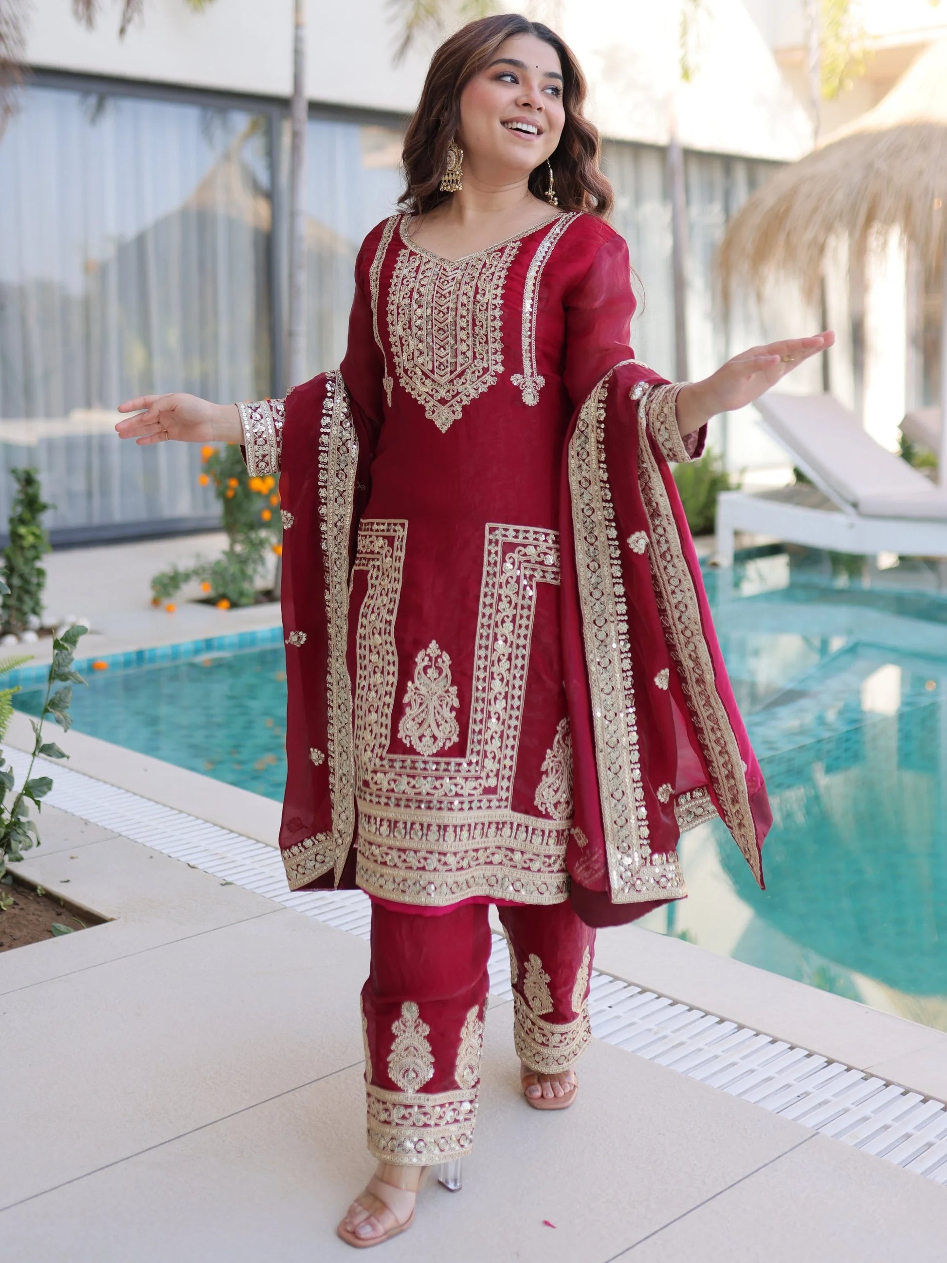 Stylish Maroon Coding Embroidered Silk Wedding Wear Pant Suit With Dupatta
