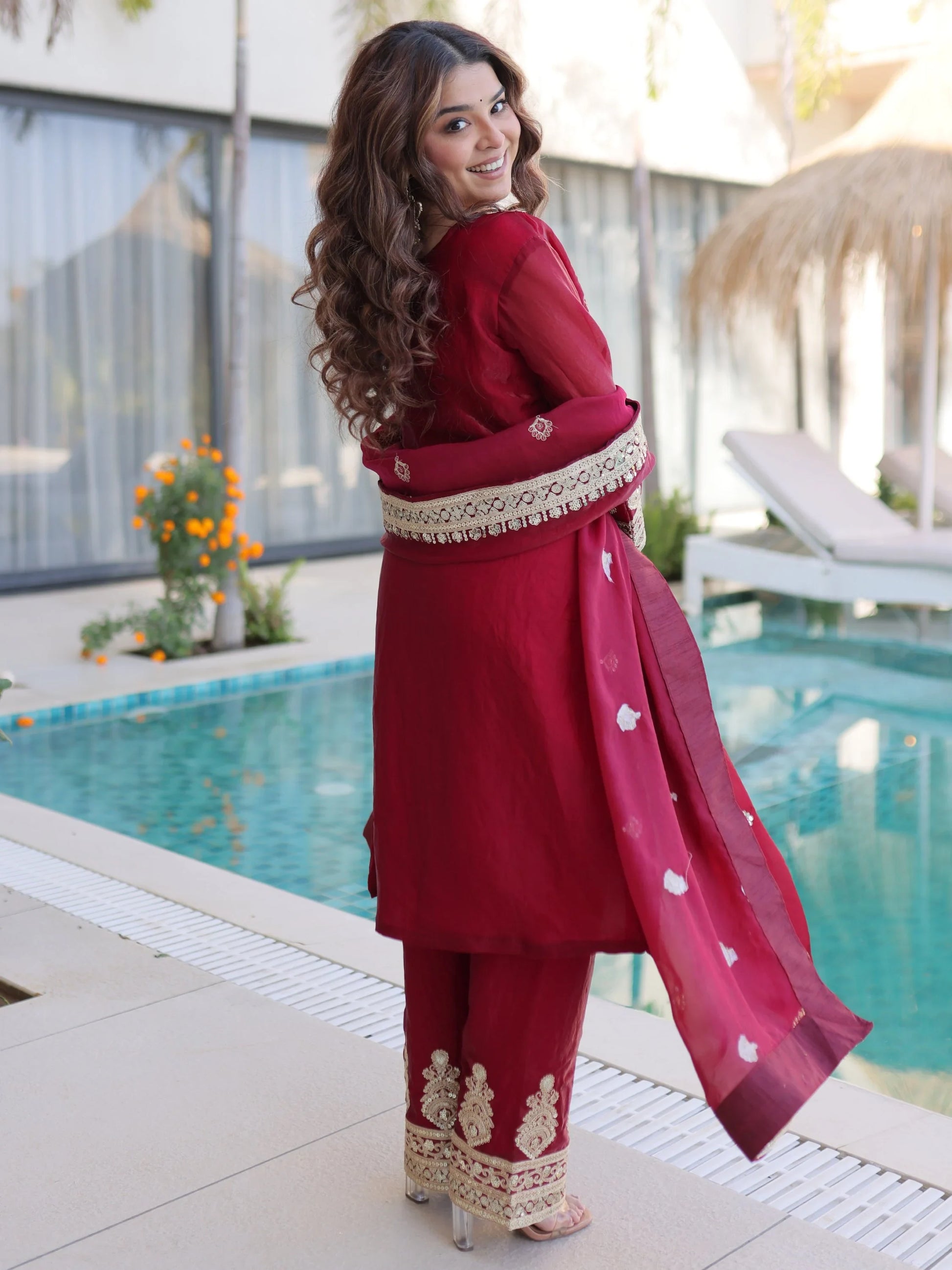 Stylish Maroon Coding Embroidered Silk Wedding Wear Pant Suit With Dupatta