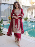 Stylish Maroon Coding Embroidered Silk Wedding Wear Pant Suit With Dupatta