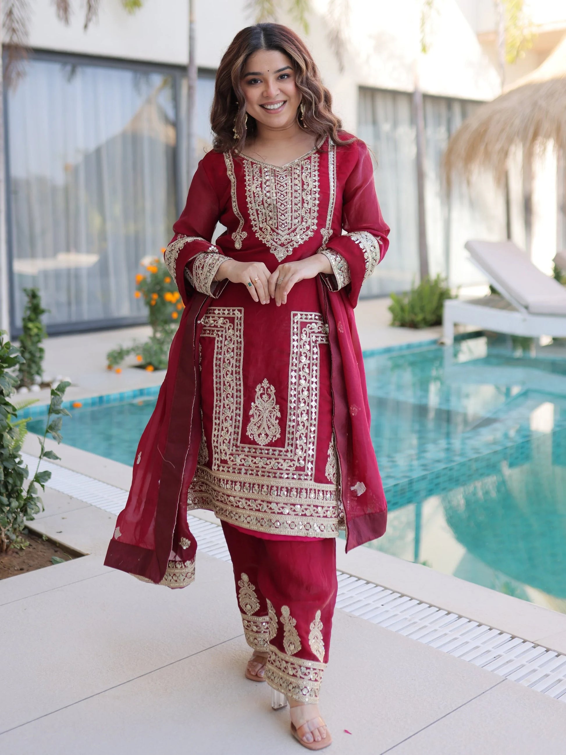 Stylish Maroon Coding Embroidered Silk Wedding Wear Pant Suit With Dupatta