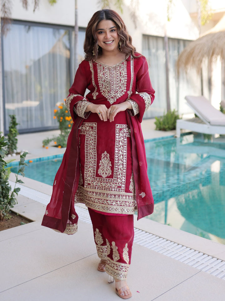 Stylish Maroon Coding Embroidered Silk Wedding Wear Pant Suit With Dupatta