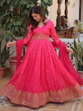 Wonderful Hot Pink Zari Embroidery Silk Wedding Wear Gown With Dupatta