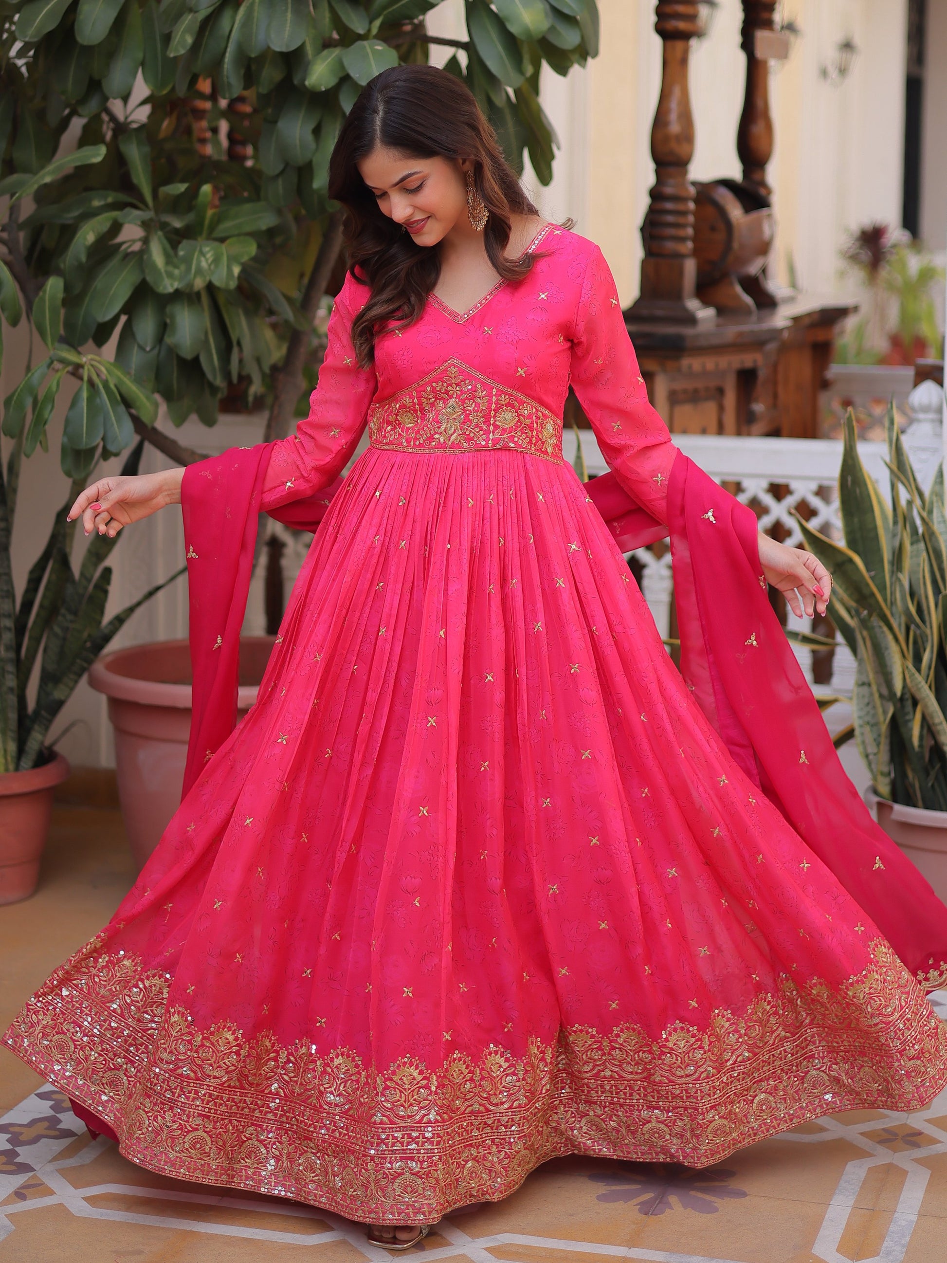 Wonderful Hot Pink Zari Embroidery Silk Wedding Wear Gown With Dupatta