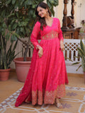 Wonderful Hot Pink Zari Embroidery Silk Wedding Wear Gown With Dupatta