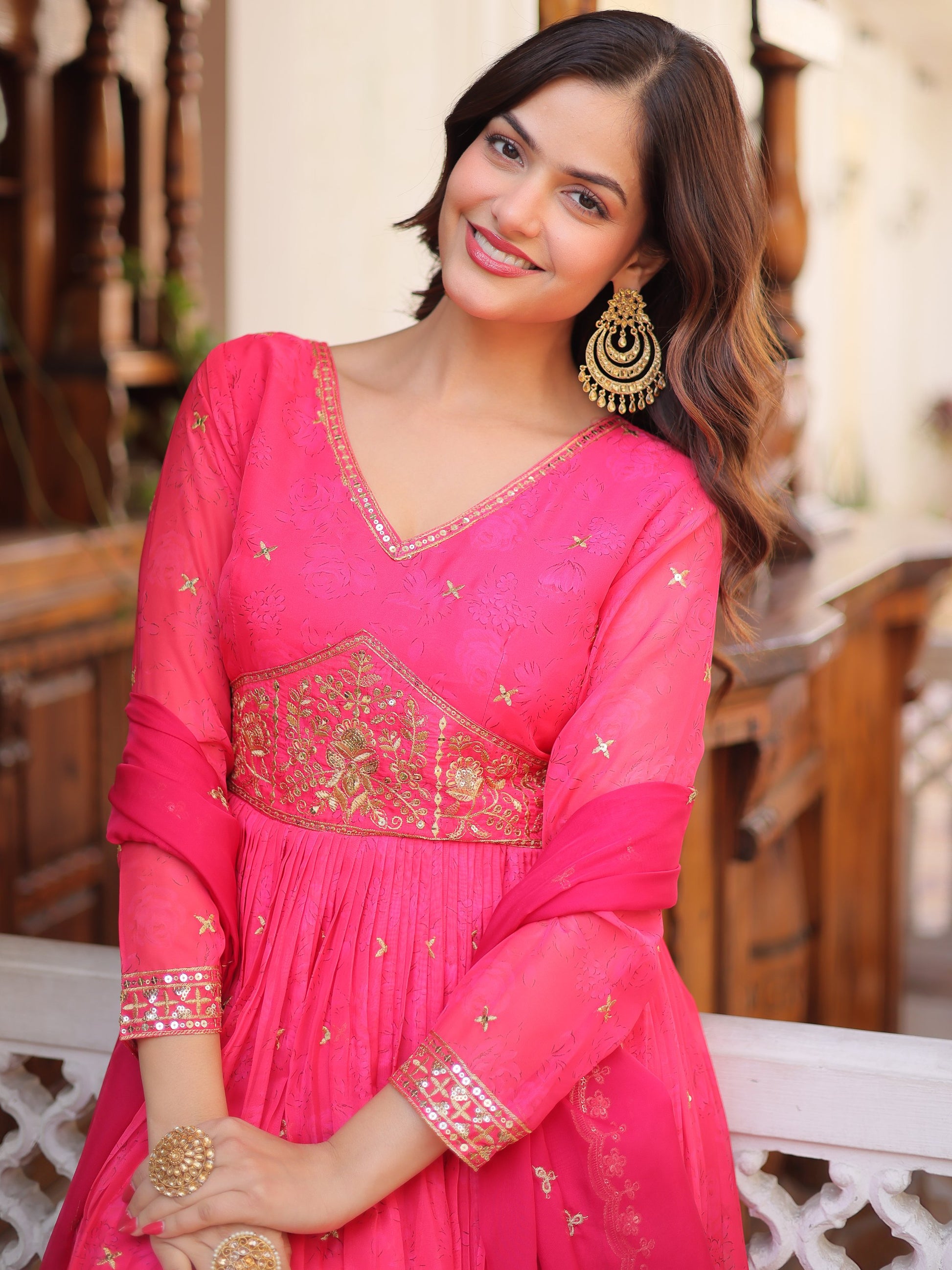 Wonderful Hot Pink Zari Embroidery Silk Wedding Wear Gown With Dupatta