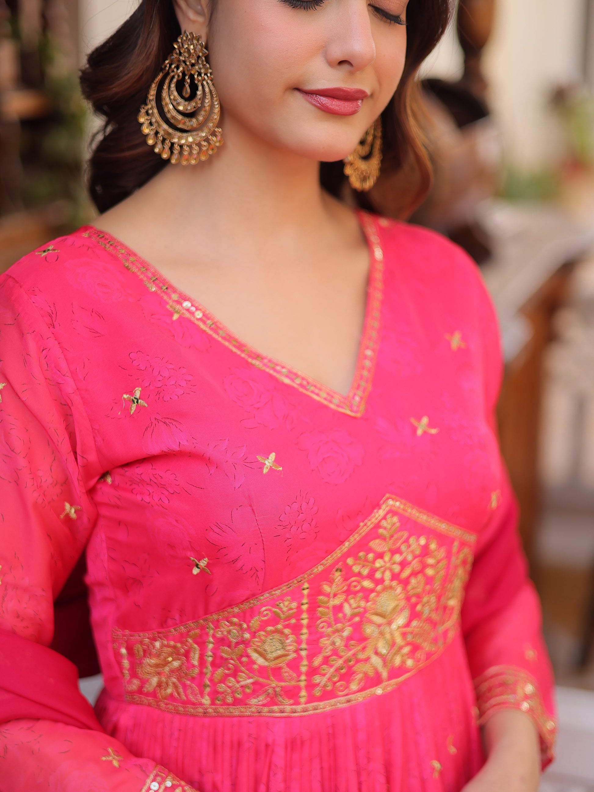 Wonderful Hot Pink Zari Embroidery Silk Wedding Wear Gown With Dupatta