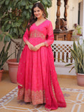 Wonderful Hot Pink Zari Embroidery Silk Wedding Wear Gown With Dupatta
