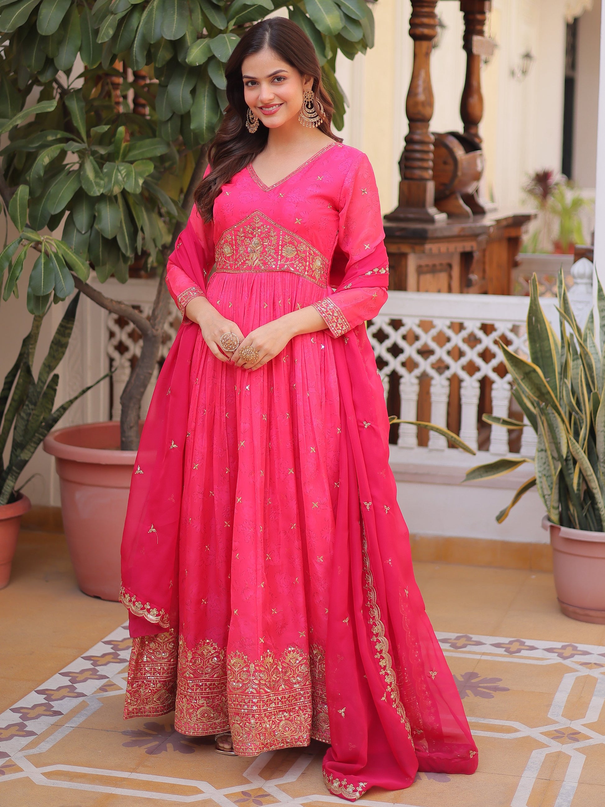 Wonderful Hot Pink Zari Embroidery Silk Wedding Wear Gown With Dupatta