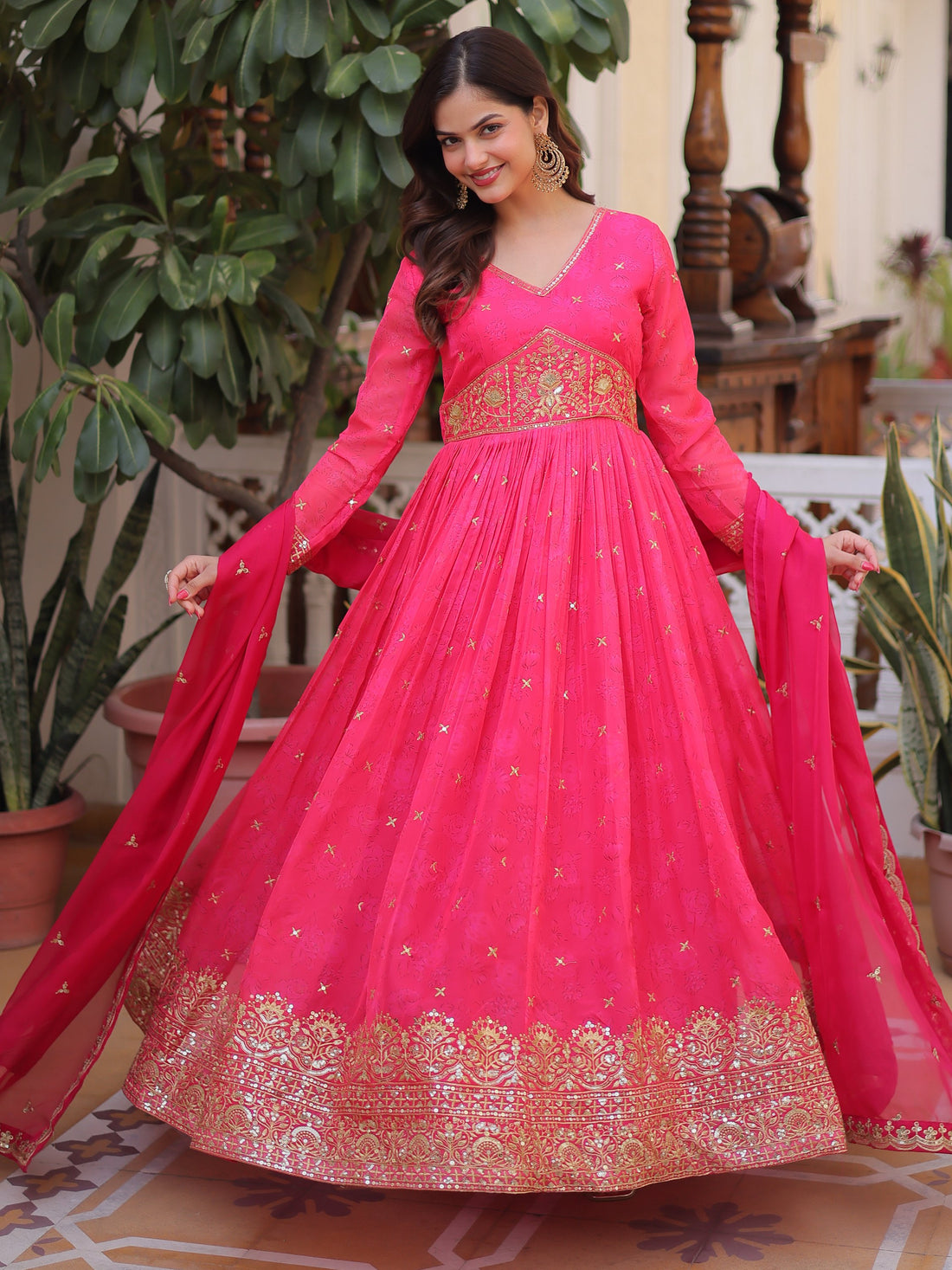 Wonderful Hot Pink Zari Embroidery Silk Wedding Wear Gown With Dupatta