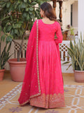Wonderful Hot Pink Zari Embroidery Silk Wedding Wear Gown With Dupatta