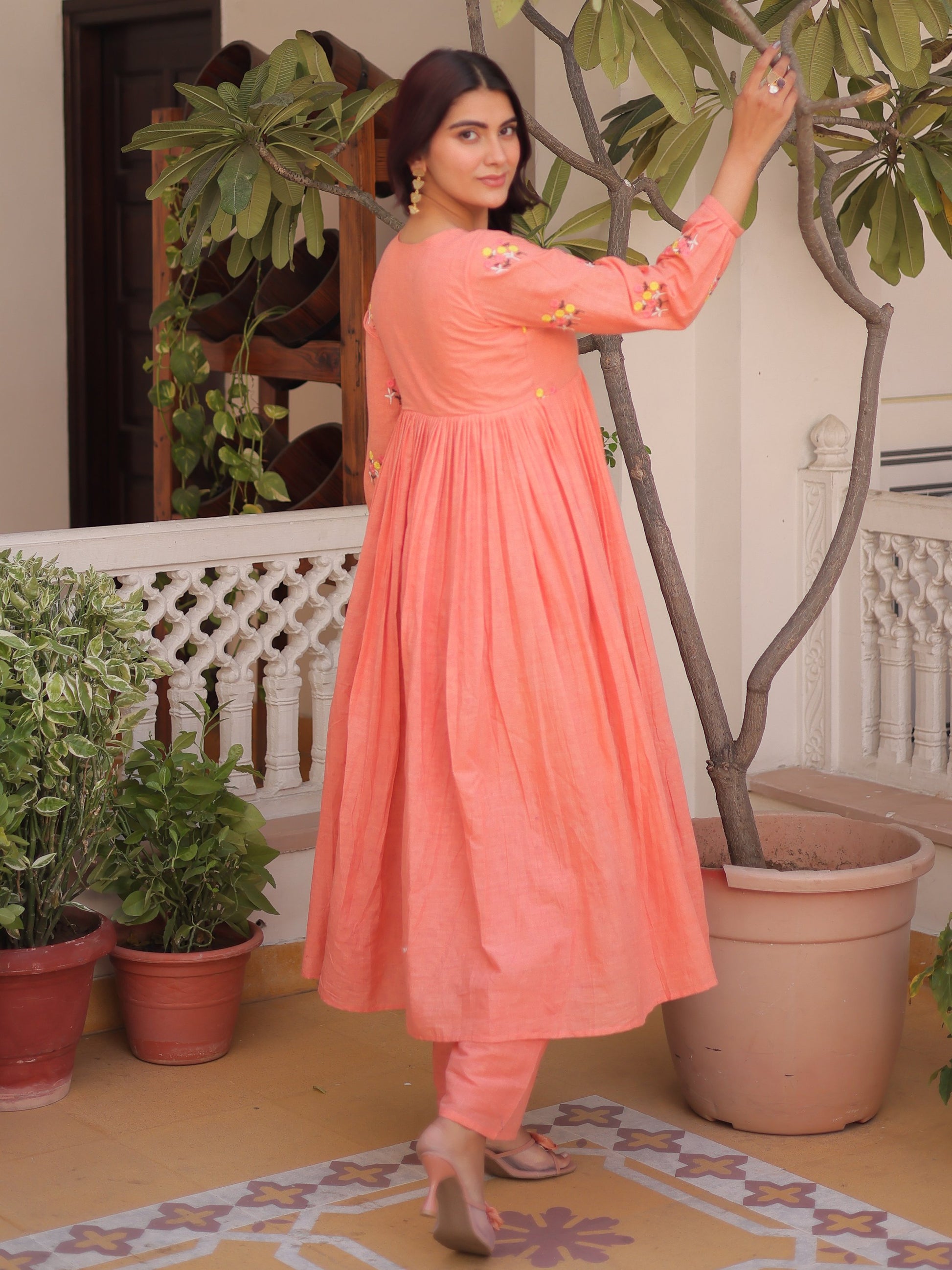 Precious Peach Embroidered Cotton Festive Wear Pant Suit