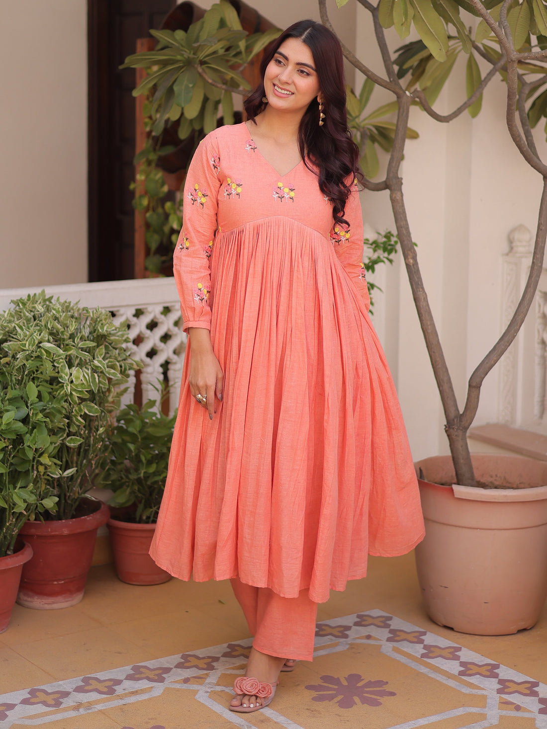 Precious Peach Embroidered Cotton Festive Wear Pant Suit