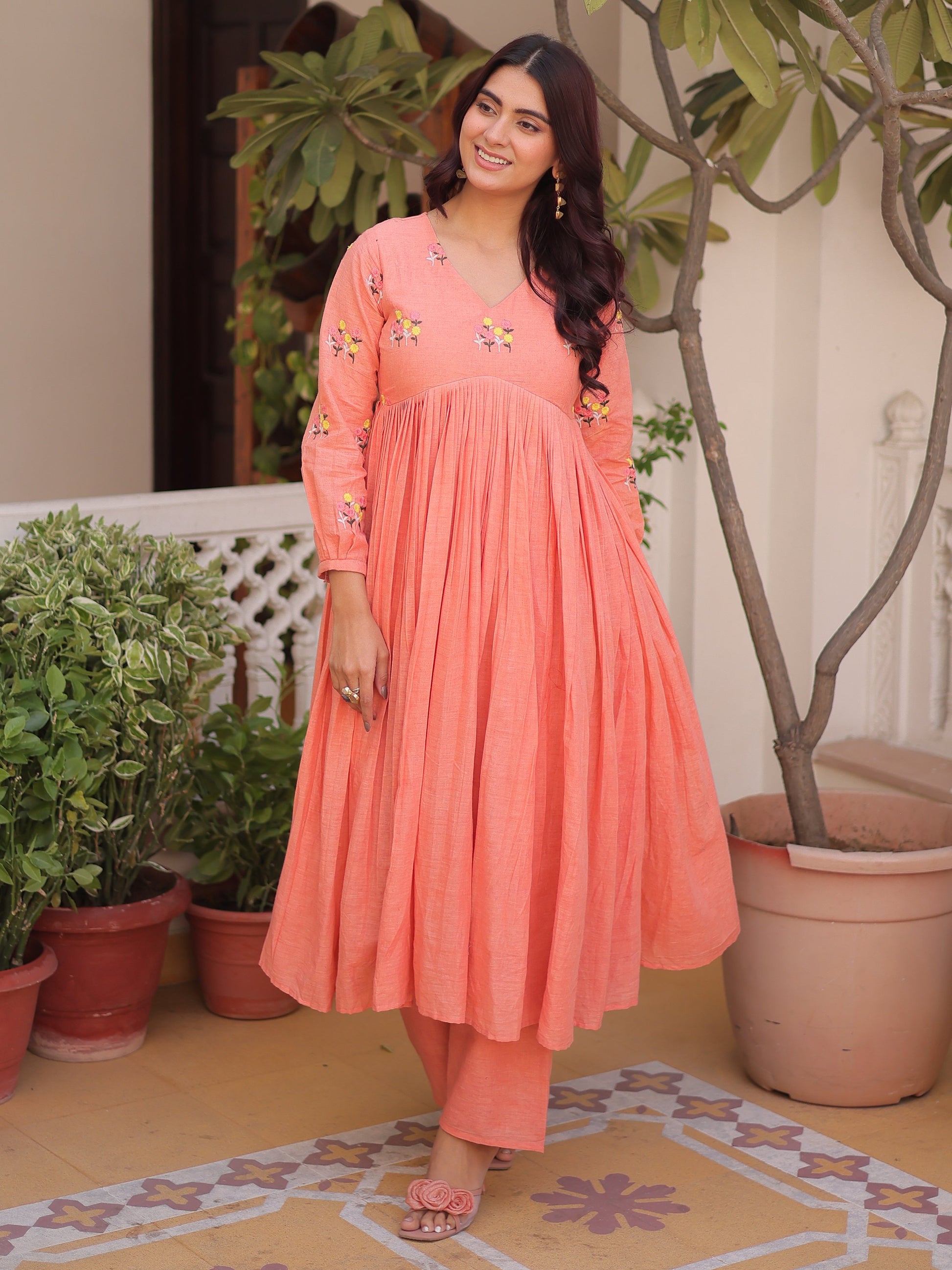 Precious Peach Embroidered Cotton Festive Wear Pant Suit