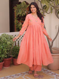 Precious Peach Embroidered Cotton Festive Wear Pant Suit