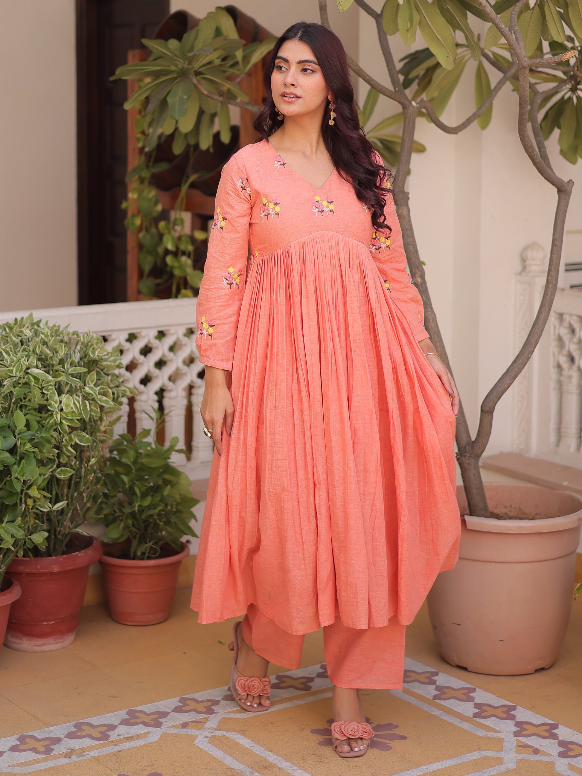 Precious Peach Embroidered Cotton Festive Wear Pant Suit
