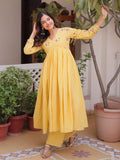 Stunning Yellow Floral Embroidered Cotton Haldi Wear Pant Suit