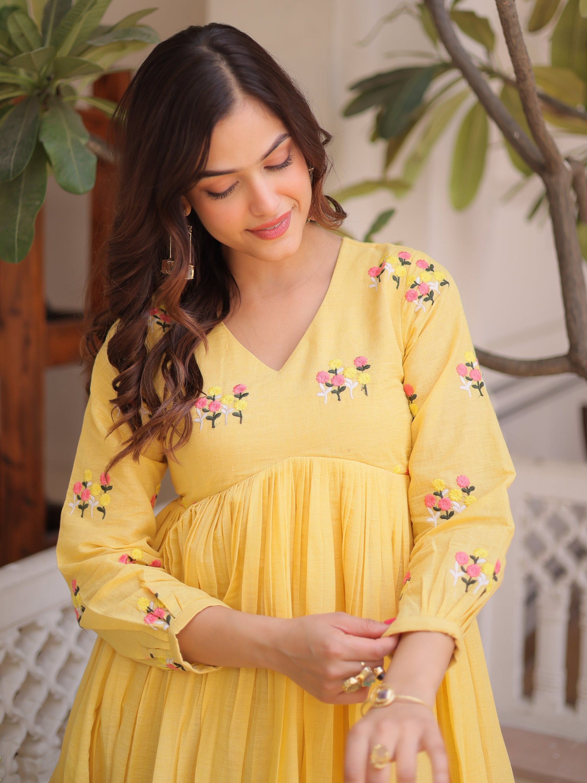 Stunning Yellow Floral Embroidered Cotton Haldi Wear Pant Suit