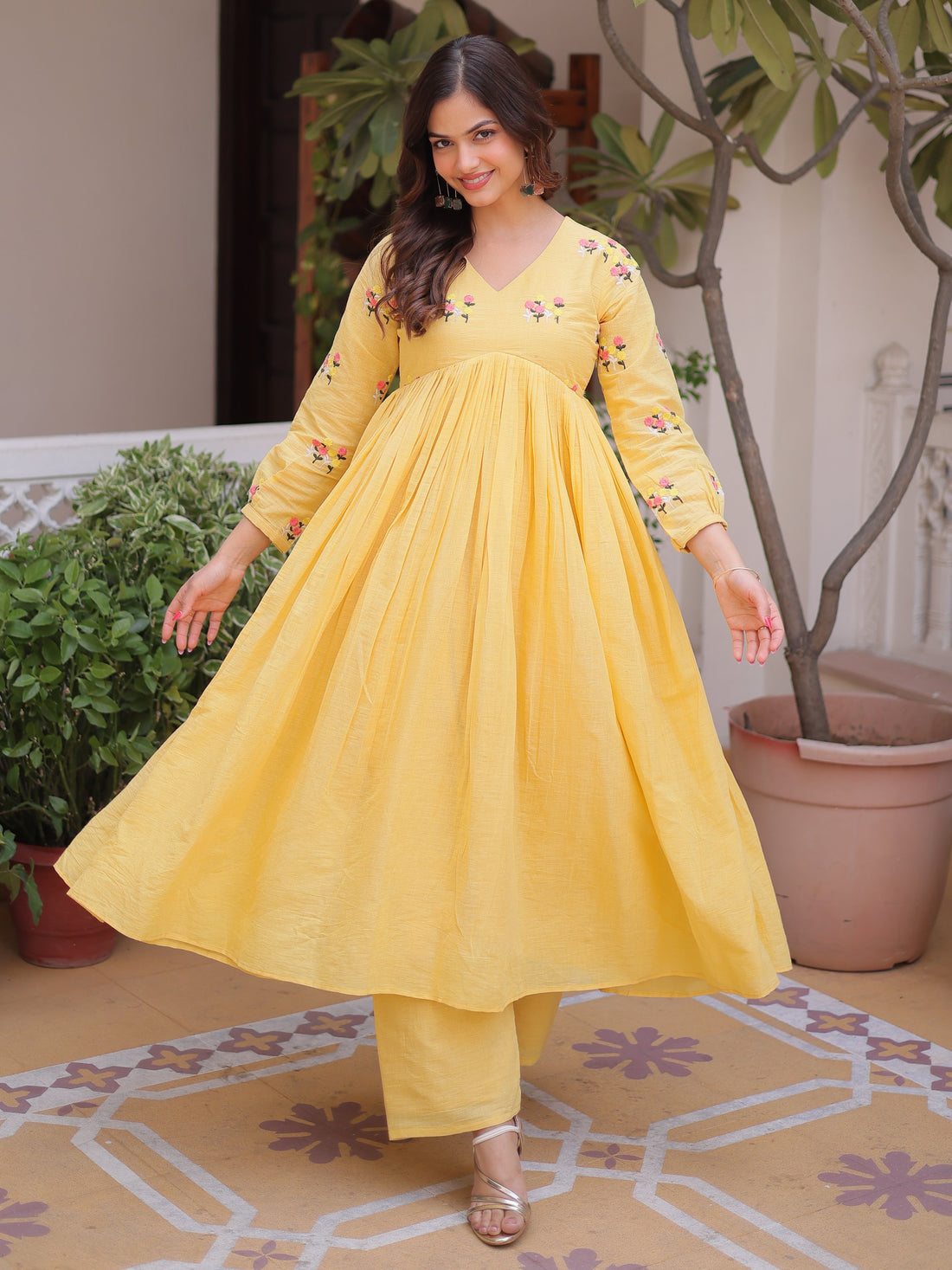 Stunning Yellow Floral Embroidered Cotton Haldi Wear Pant Suit