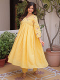 Stunning Yellow Floral Embroidered Cotton Haldi Wear Pant Suit