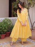 Stunning Yellow Floral Embroidered Cotton Haldi Wear Pant Suit