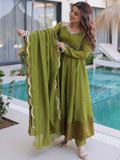 Great Olive Green Lace Border Chanderi Mehendi Wear Gown With Dupatta