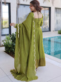 Great Olive Green Lace Border Chanderi Mehendi Wear Gown With Dupatta