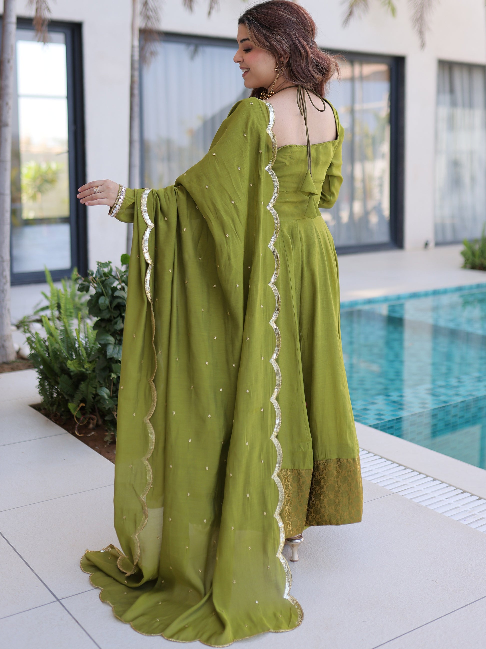 Great Olive Green Lace Border Chanderi Mehendi Wear Gown With Dupatta