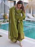 Great Olive Green Lace Border Chanderi Mehendi Wear Gown With Dupatta