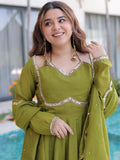 Great Olive Green Lace Border Chanderi Mehendi Wear Gown With Dupatta