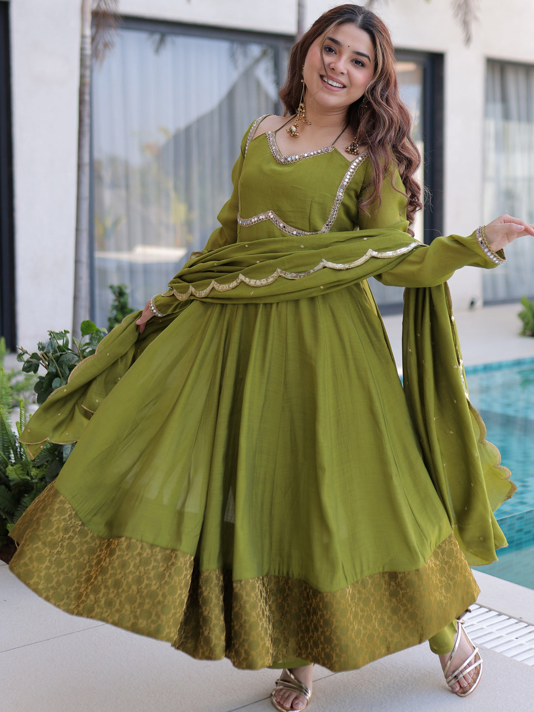 Great Olive Green Lace Border Chanderi Mehendi Wear Gown With Dupatta