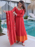 Lovable Red Chanderi Wedding Wear Gown With Sequins Dupatta
