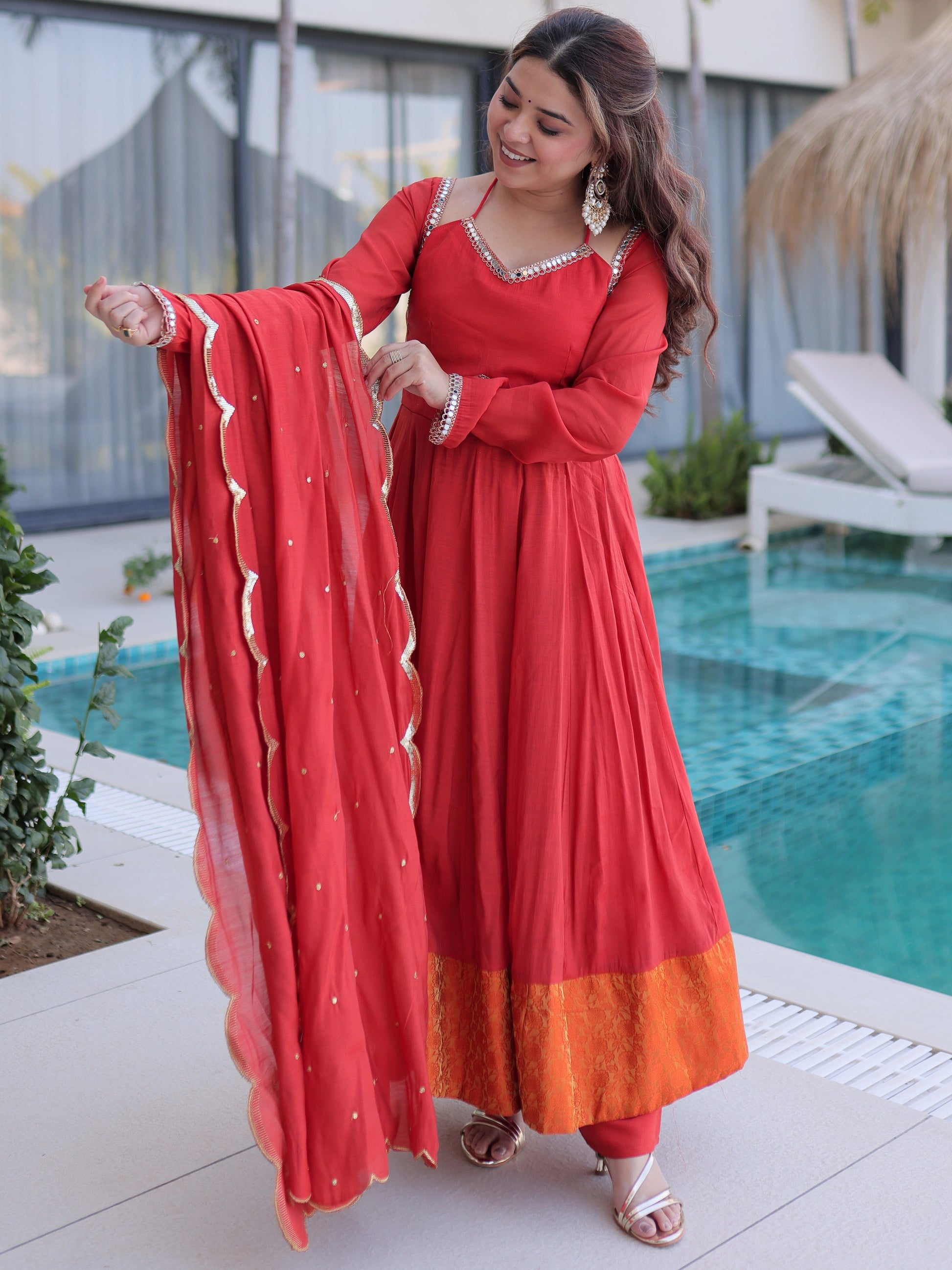 Lovable Red Chanderi Wedding Wear Gown With Sequins Dupatta
