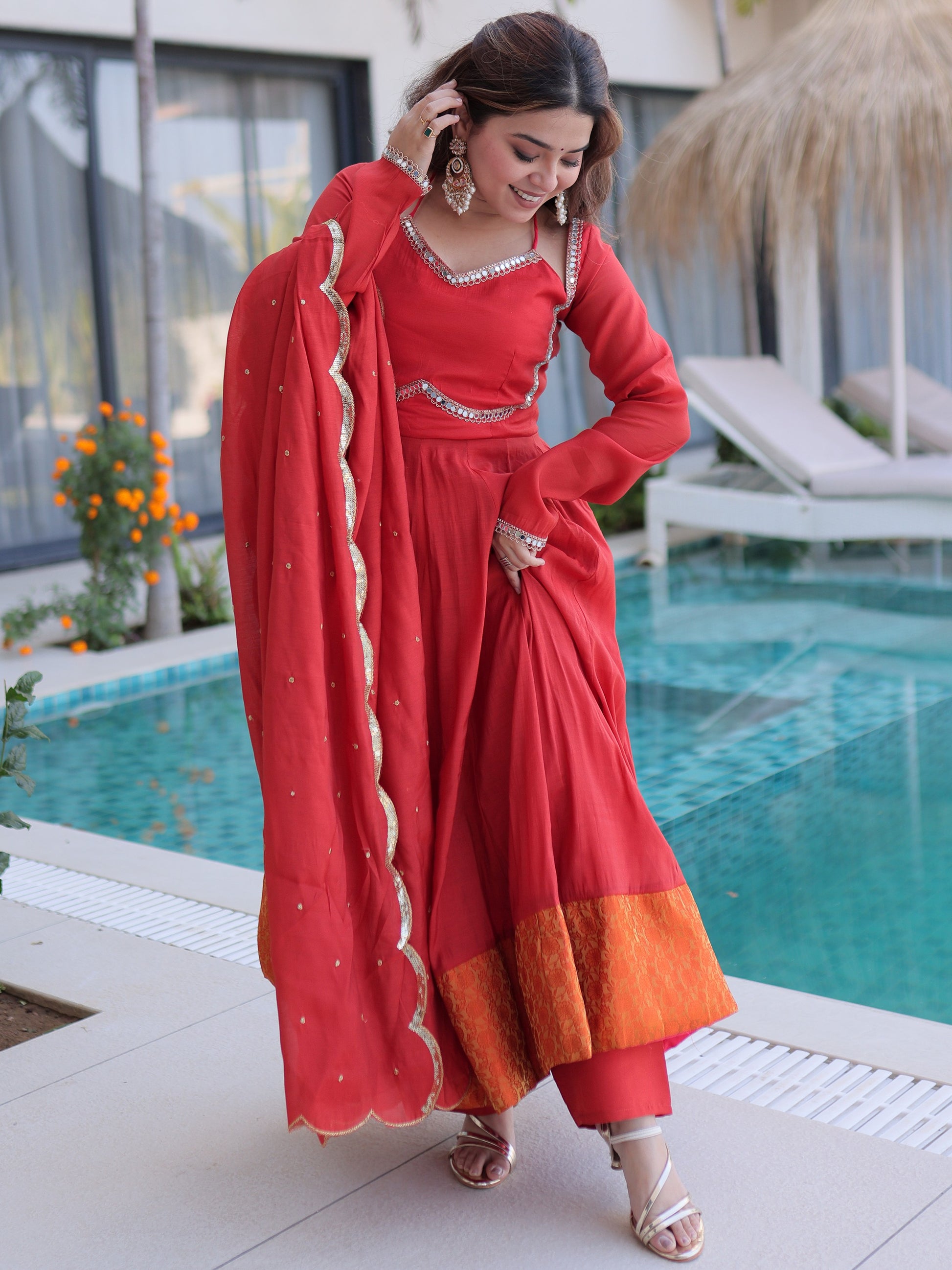 Lovable Red Chanderi Wedding Wear Gown With Sequins Dupatta