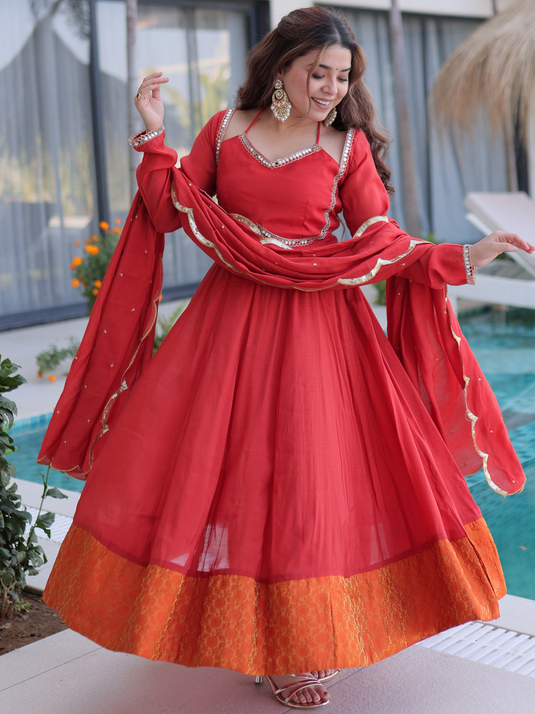Lovable Red Chanderi Wedding Wear Gown With Sequins Dupatta
