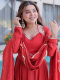 Lovable Red Chanderi Wedding Wear Gown With Sequins Dupatta