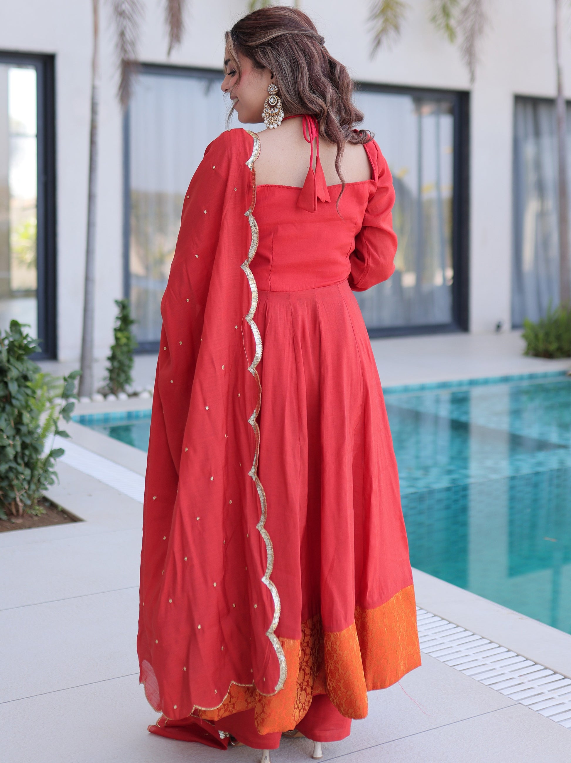 Lovable Red Chanderi Wedding Wear Gown With Sequins Dupatta