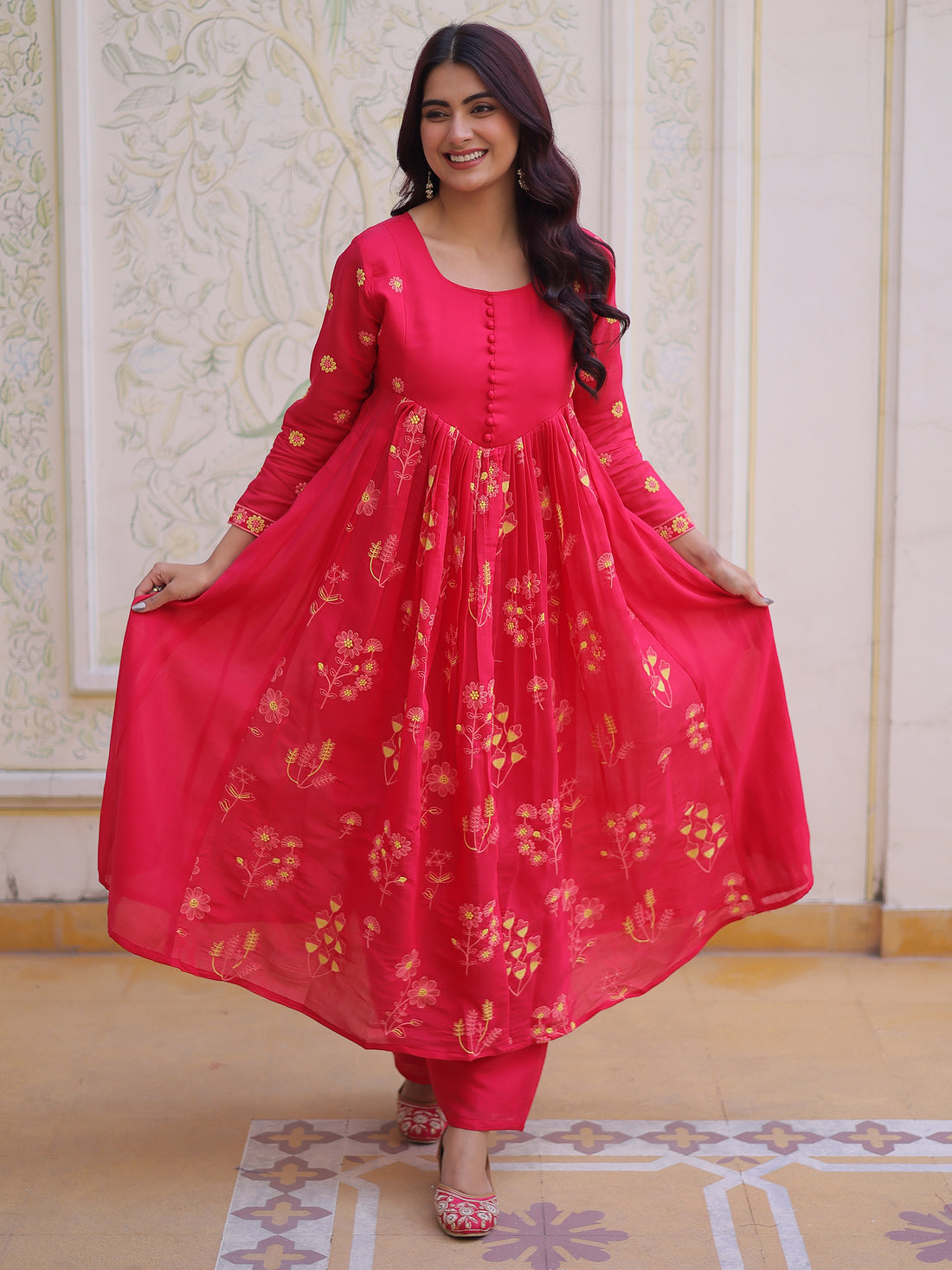 Graceful Pink Thread Embroidered Chanderi Casual Wear Pant Suit