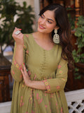 Beautiful Pista Green Thread Embroidered Chanderi Event Wear Pant Suit