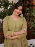Beautiful Pista Green Thread Embroidered Chanderi Event Wear Pant Suit