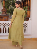 Beautiful Pista Green Thread Embroidered Chanderi Event Wear Pant Suit