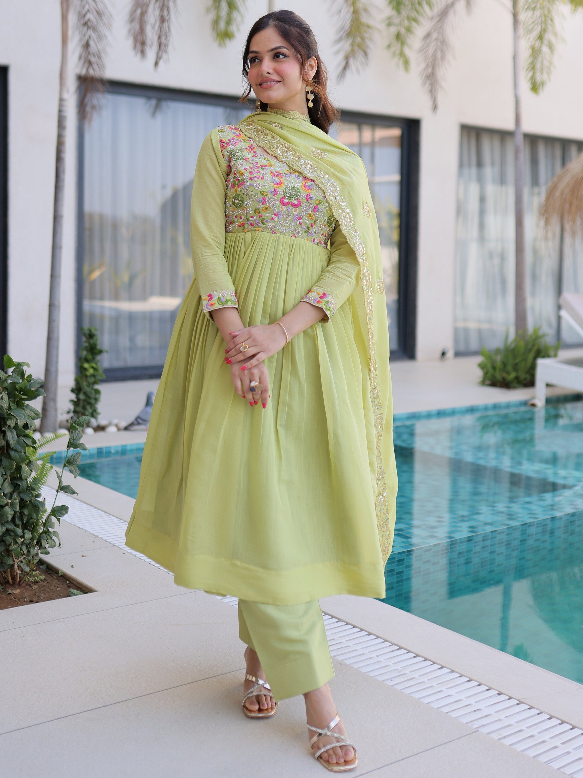 Majestic Pista Embroidered Chanderi Festive Wear Suit With Dupatta