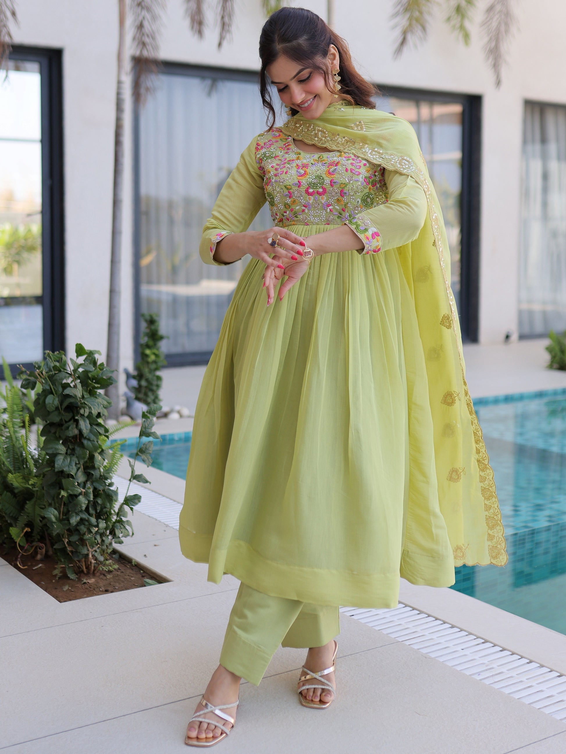 Majestic Pista Embroidered Chanderi Festive Wear Suit With Dupatta