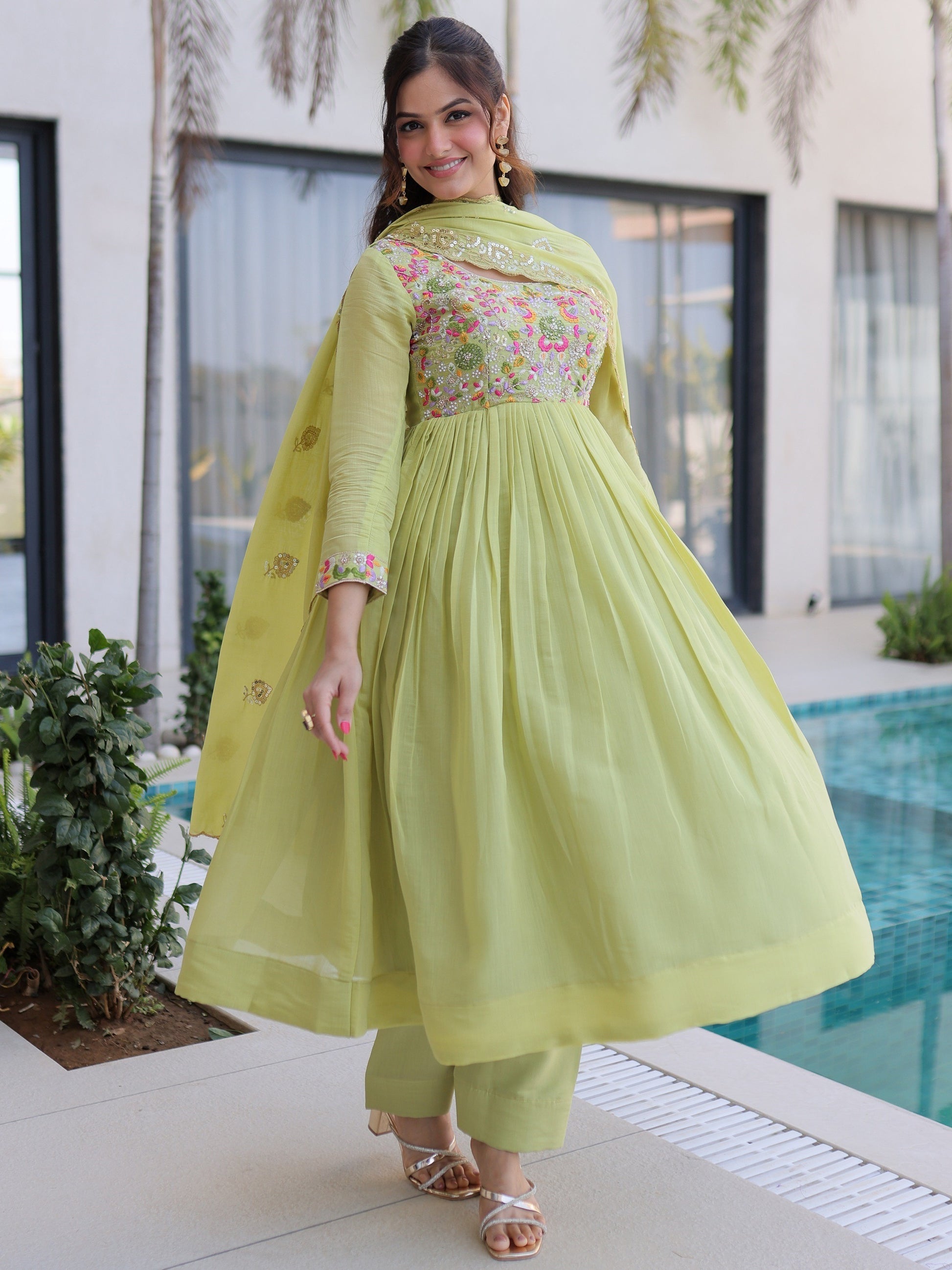 Majestic Pista Embroidered Chanderi Festive Wear Suit With Dupatta