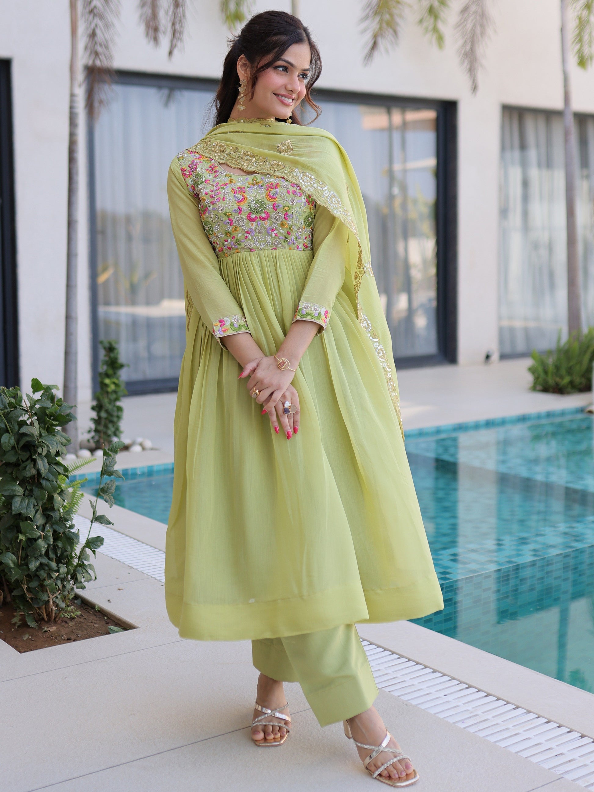 Majestic Pista Embroidered Chanderi Festive Wear Suit With Dupatta