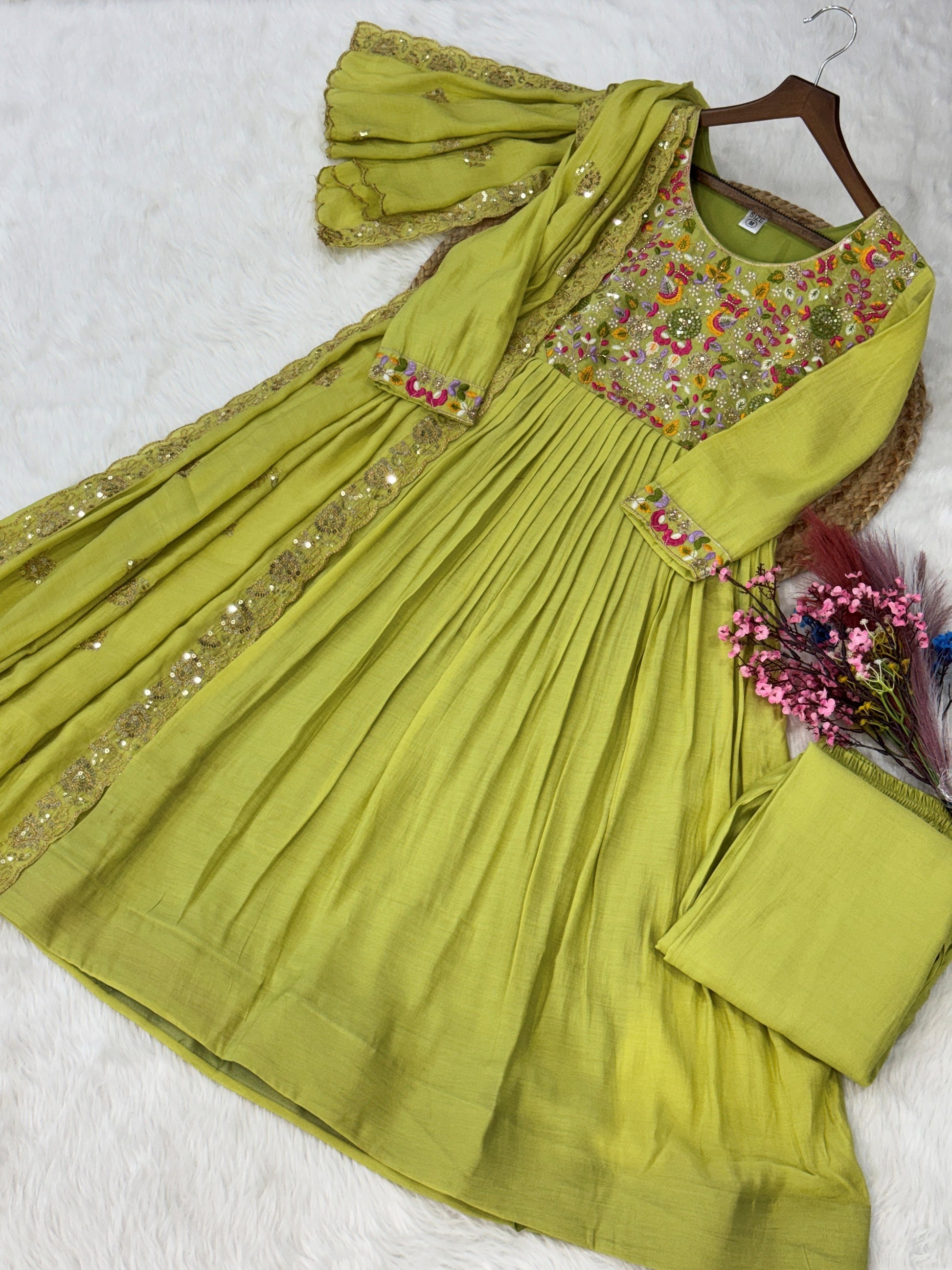 Majestic Pista Embroidered Chanderi Festive Wear Suit With Dupatta