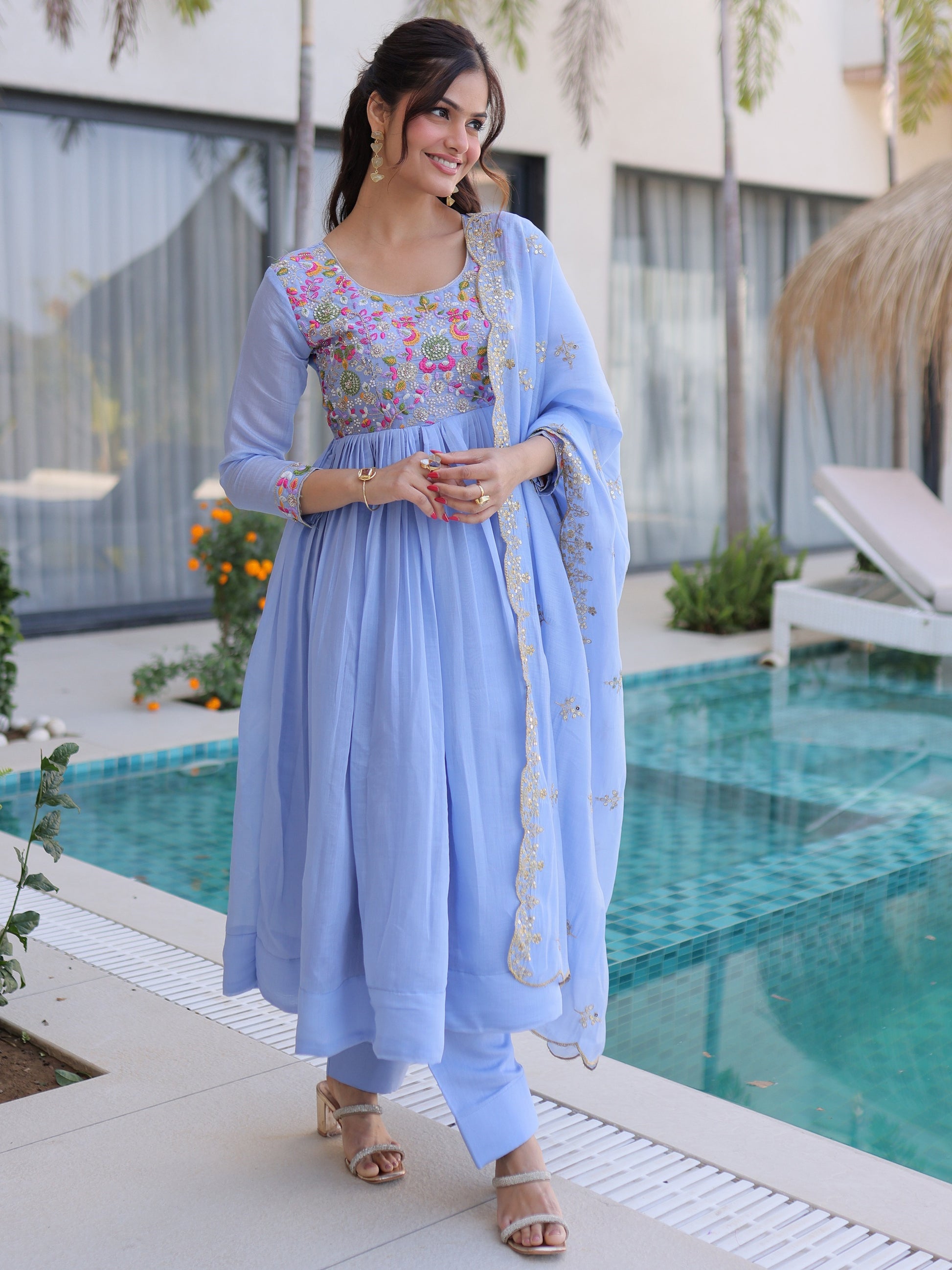 Amazing Sky Blue Embroidered Chanderi Festive Wear Suit With Dupatta