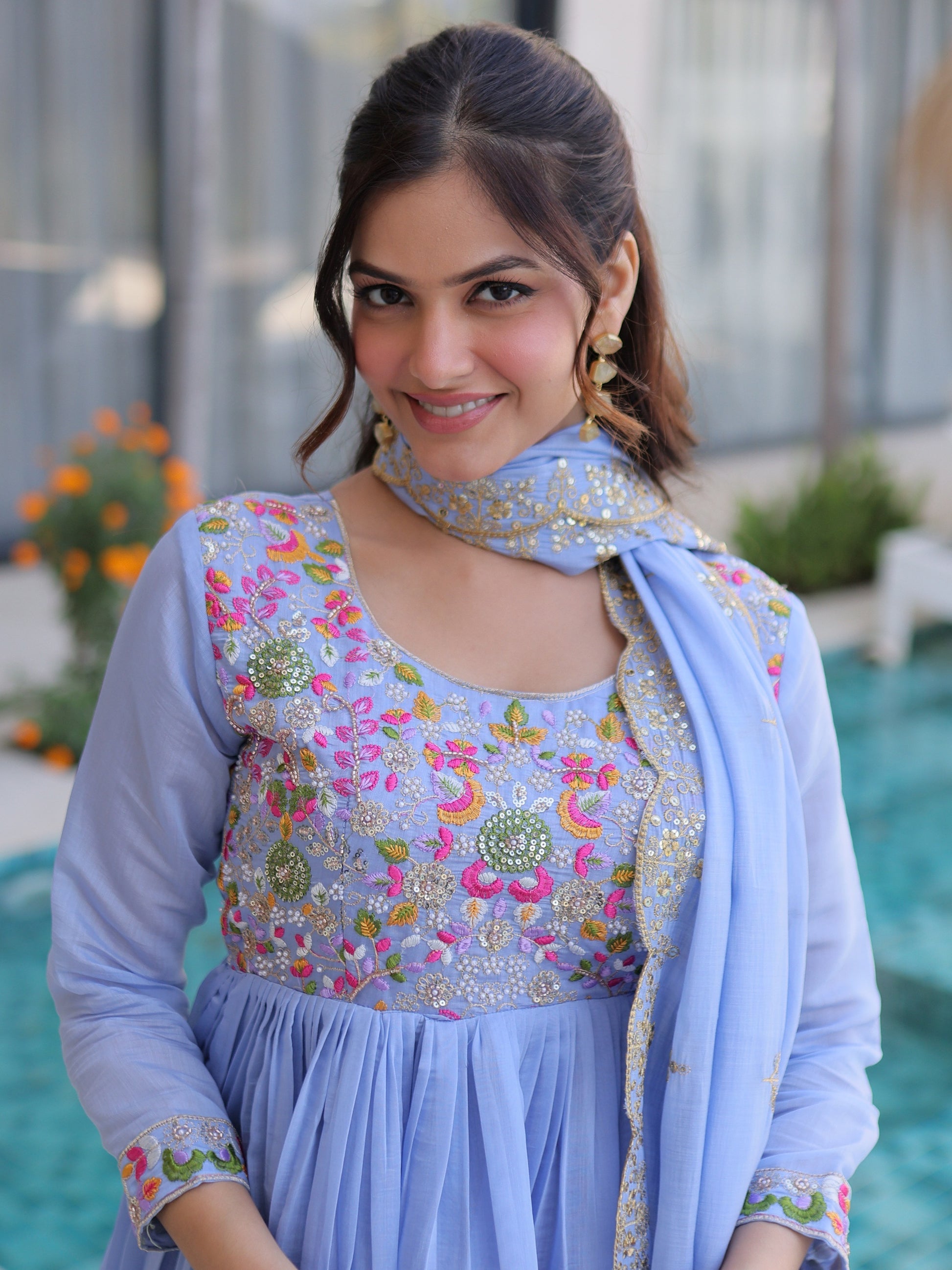 Amazing Sky Blue Embroidered Chanderi Festive Wear Suit With Dupatta