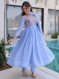Amazing Sky Blue Embroidered Chanderi Festive Wear Suit With Dupatta