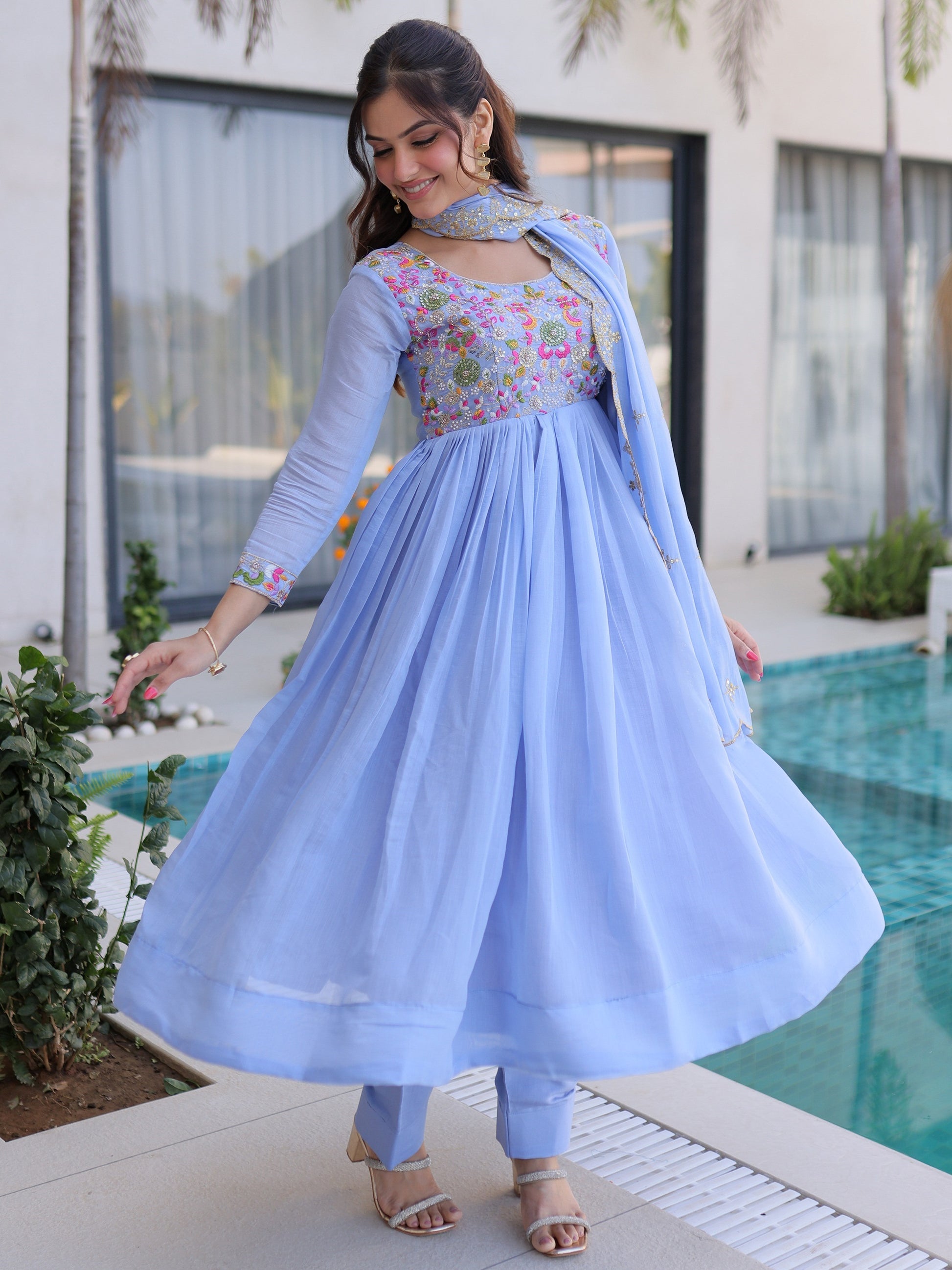 Amazing Sky Blue Embroidered Chanderi Festive Wear Suit With Dupatta